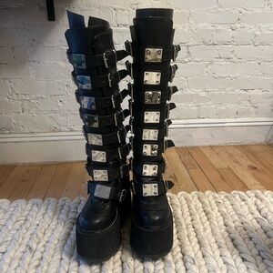 Demonia Trinity Black Platform Boots with Silver Buckles